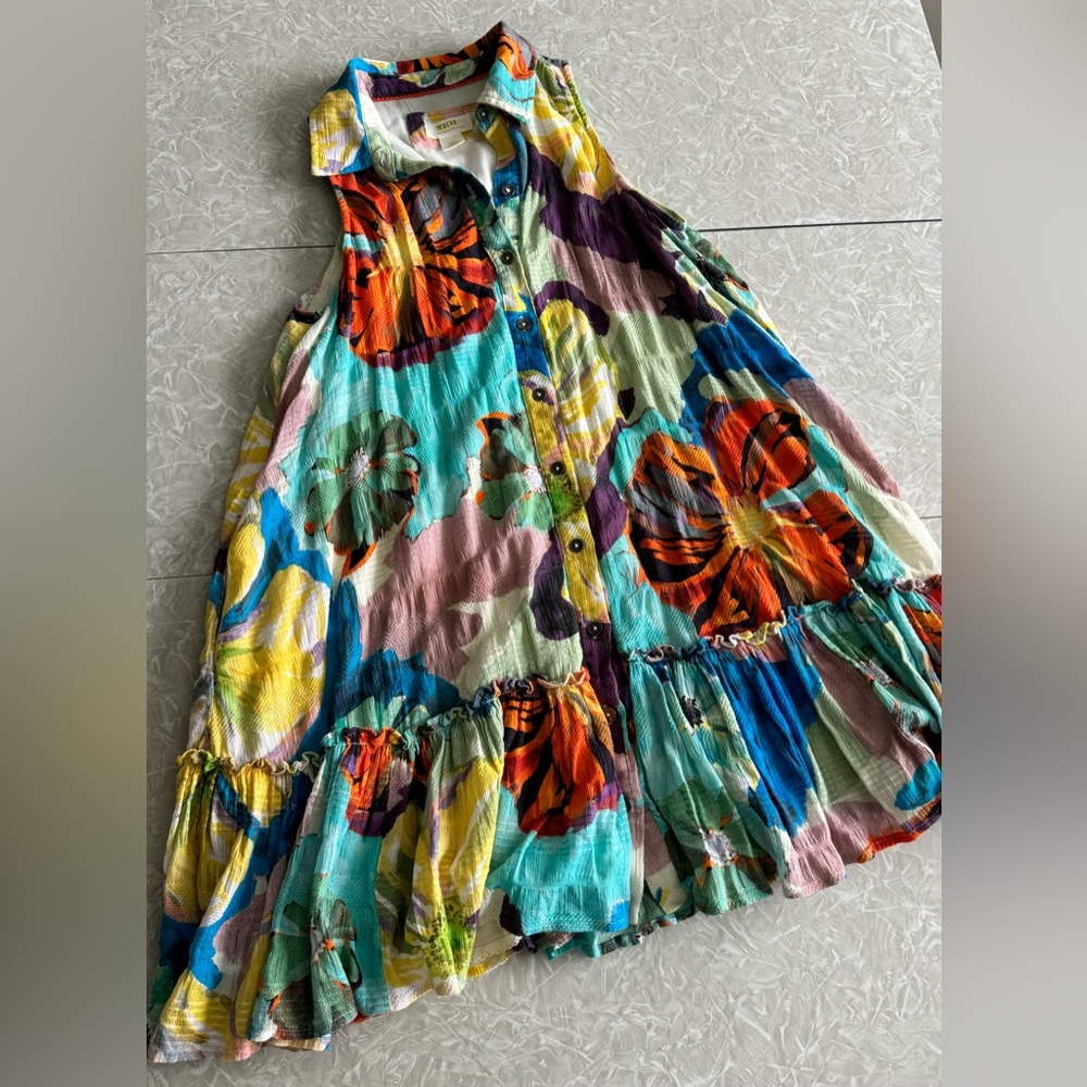 Maeve Anthropologie Zola shirt tunic button up dress floral artsy smocked XSP